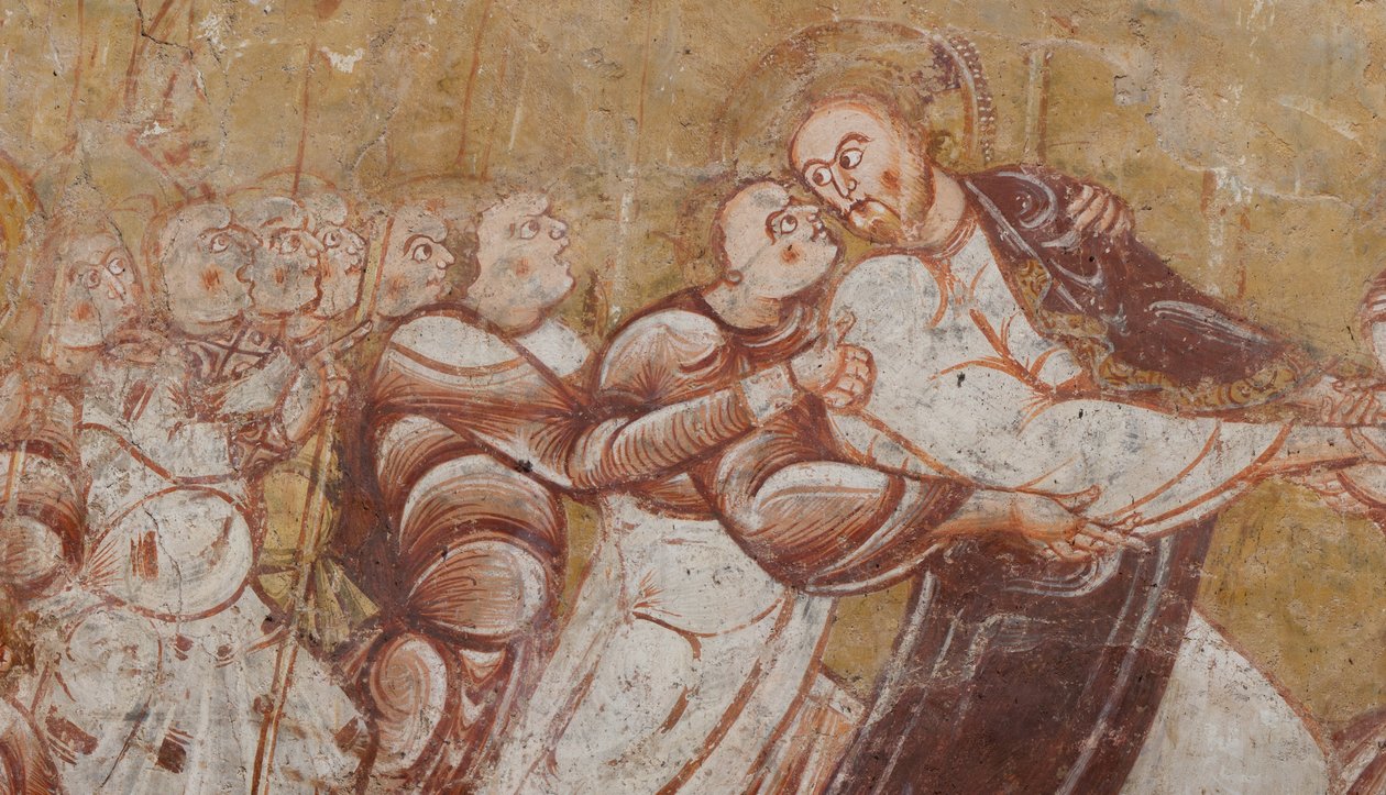 教堂（Église Saint-Martin）。 内部的。 壁画（壁画）。 合唱团的北墙。 细节。 逮捕基督。 12世纪。 作者 不明