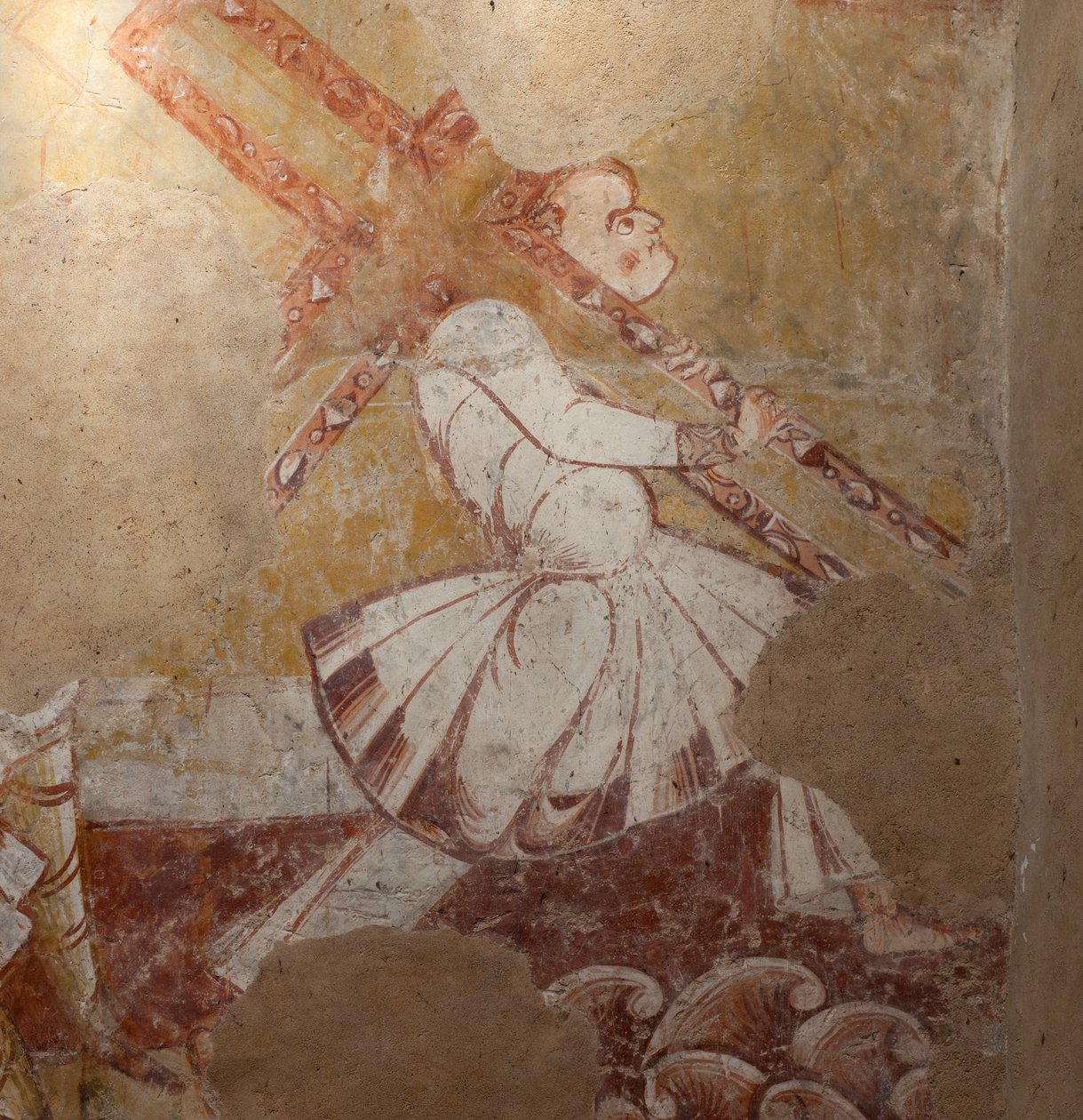 教堂（Église Saint-Martin）。 内部的。 壁画（壁画）。 合唱团的北墙。 细节。 昔兰尼的西门背着十字架。 12世纪。 作者 不明