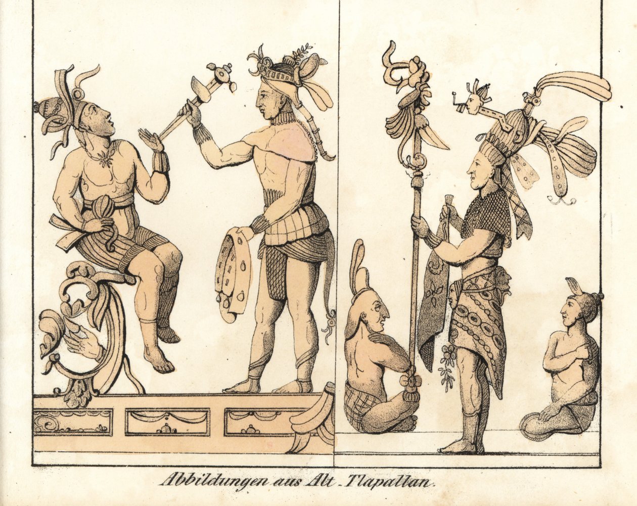 特拉帕兰（墨西哥）绘画作品集。为书籍平版印刷：Friedrich Wilhelm Goedsche（1785-1863 年）著，迈森版（德国）"Galerie complete en tableaux fideles des peuples d