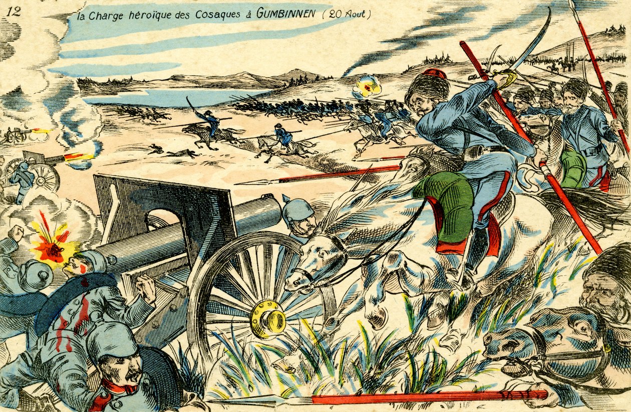 1914 年 8 月 20 日，哥萨克在贡比嫩（Gumbinnen）发起冲锋。 作者 未知艺术家
