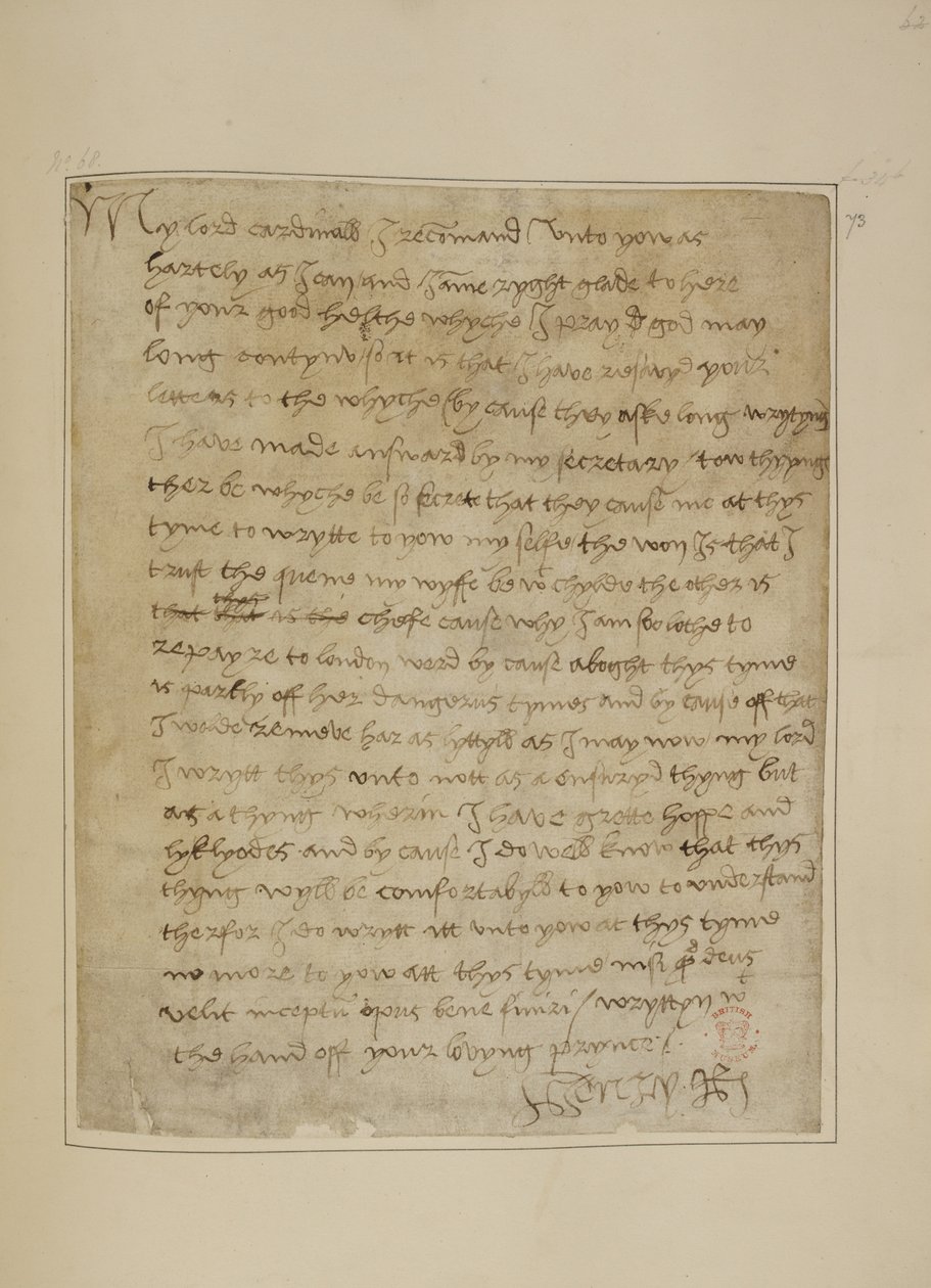 科顿 MS Vespasian F iii fol.73 1518 年 6 月亨利八世写给托马斯-沃尔西的信（纸张上的钢笔和墨水） 作者 未知艺术家