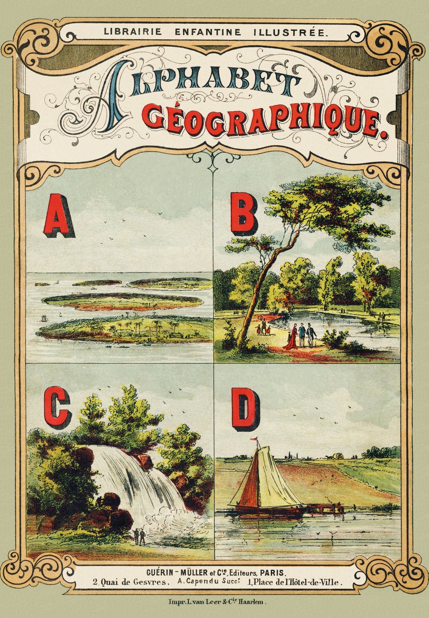 封面：A：群岛，B：Bois de Boulogne，C：瀑布，D：堤防 - 雕刻取自 Alphabet geographique。 Guerin-Muller et Cie，编辑，巴黎 作者 不明