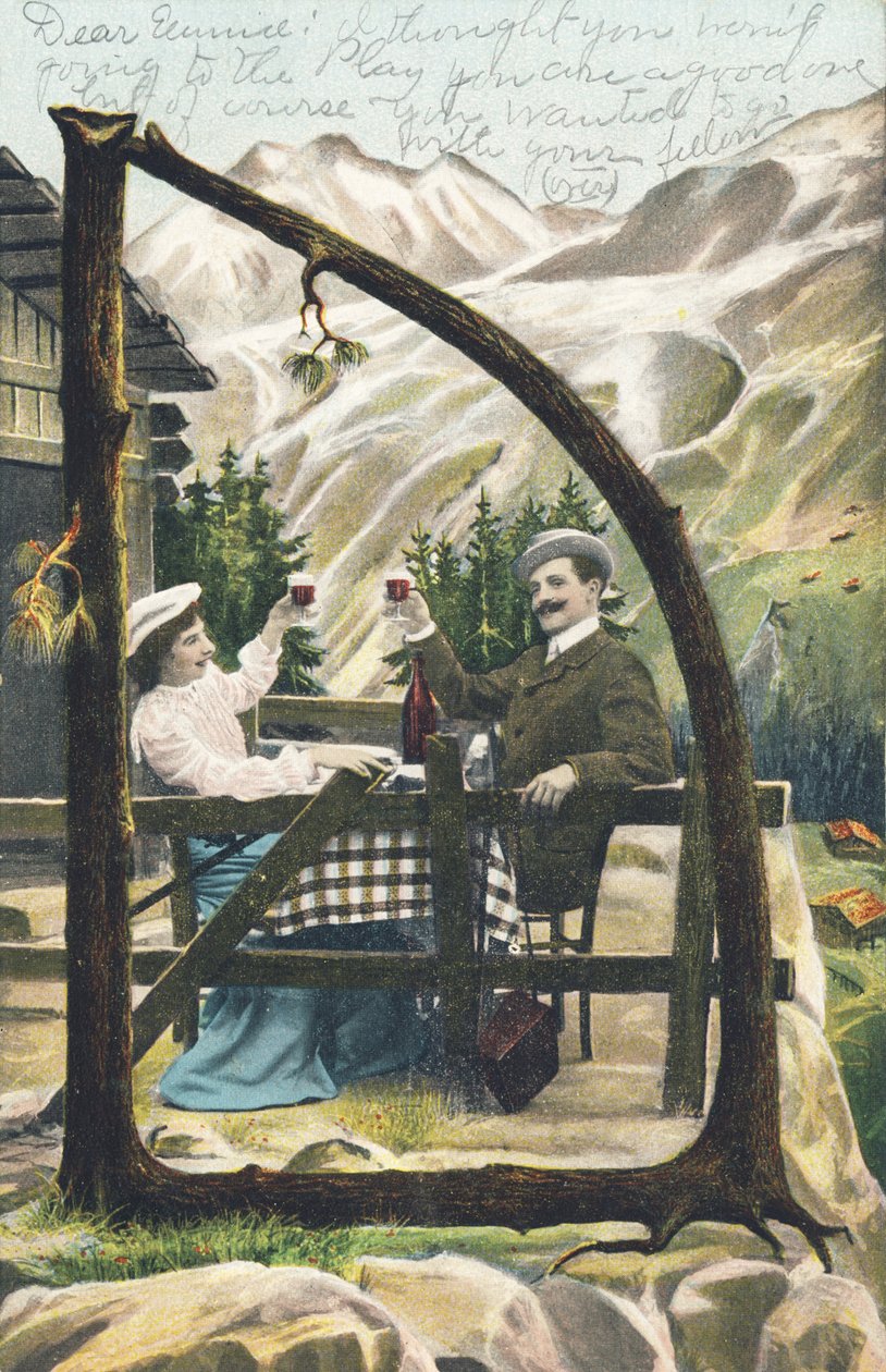 D: 一男一女坐在山间小屋前的桌子上，拿着酒杯敬酒 - 字母表Ref Th. E., L. Theochrom - Serie 994.西奥多-艾斯曼，出版商，莱比锡 作者 不明