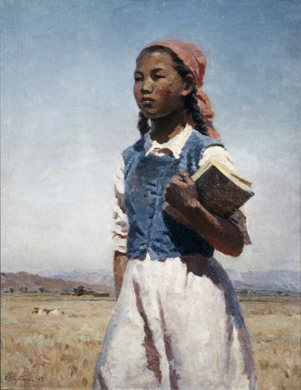 苏维埃吉尔吉斯的女儿 1948 年由 Semyon Chuikov 绘画，社会主义现实主义。 作者 不明