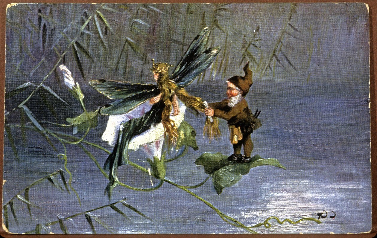 小矮人给仙女编辫子，20 世纪初（明信片） 作者 未知艺术家