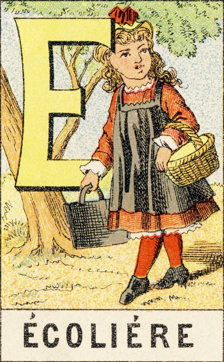 E : Ecoliere - 雕刻取自ABCD des petites filles。Pellerin & Cie, imprimeur-editeur, Epinal, 约1890。A系列。尺寸：19 x 13,5厘米。 作者 不明