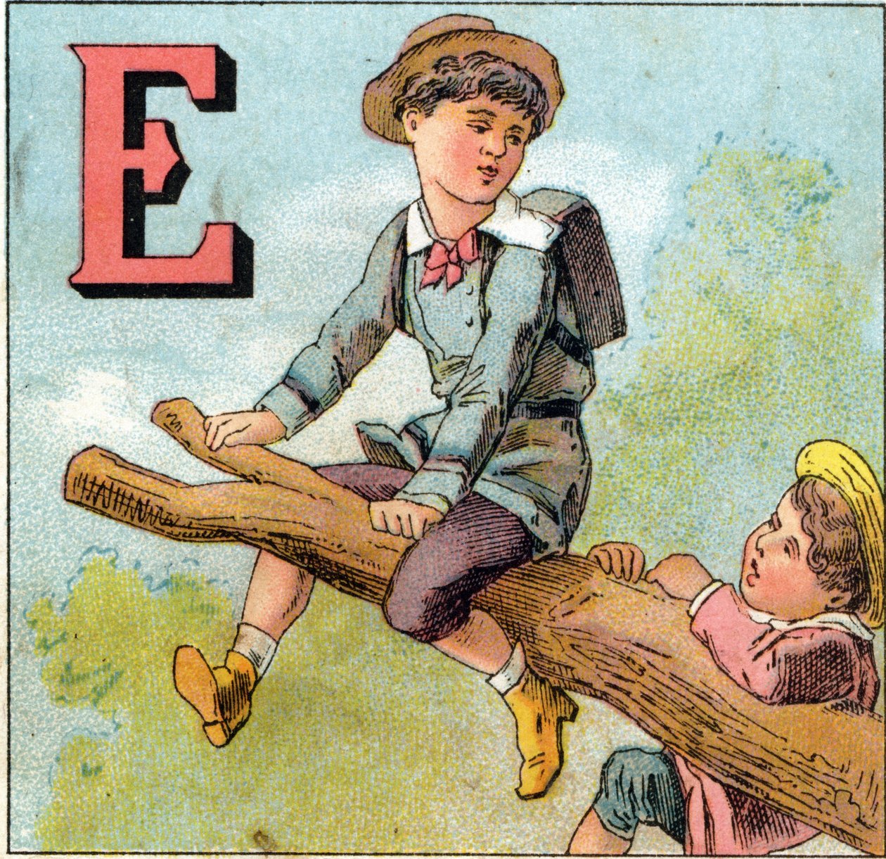 E 字母： 在树枝上保持平衡的男孩。 雕刻在“Alphabet des petits ecoliers”上。Epinal 的成像，大约 1885 年。Privee 收藏 作者 不明