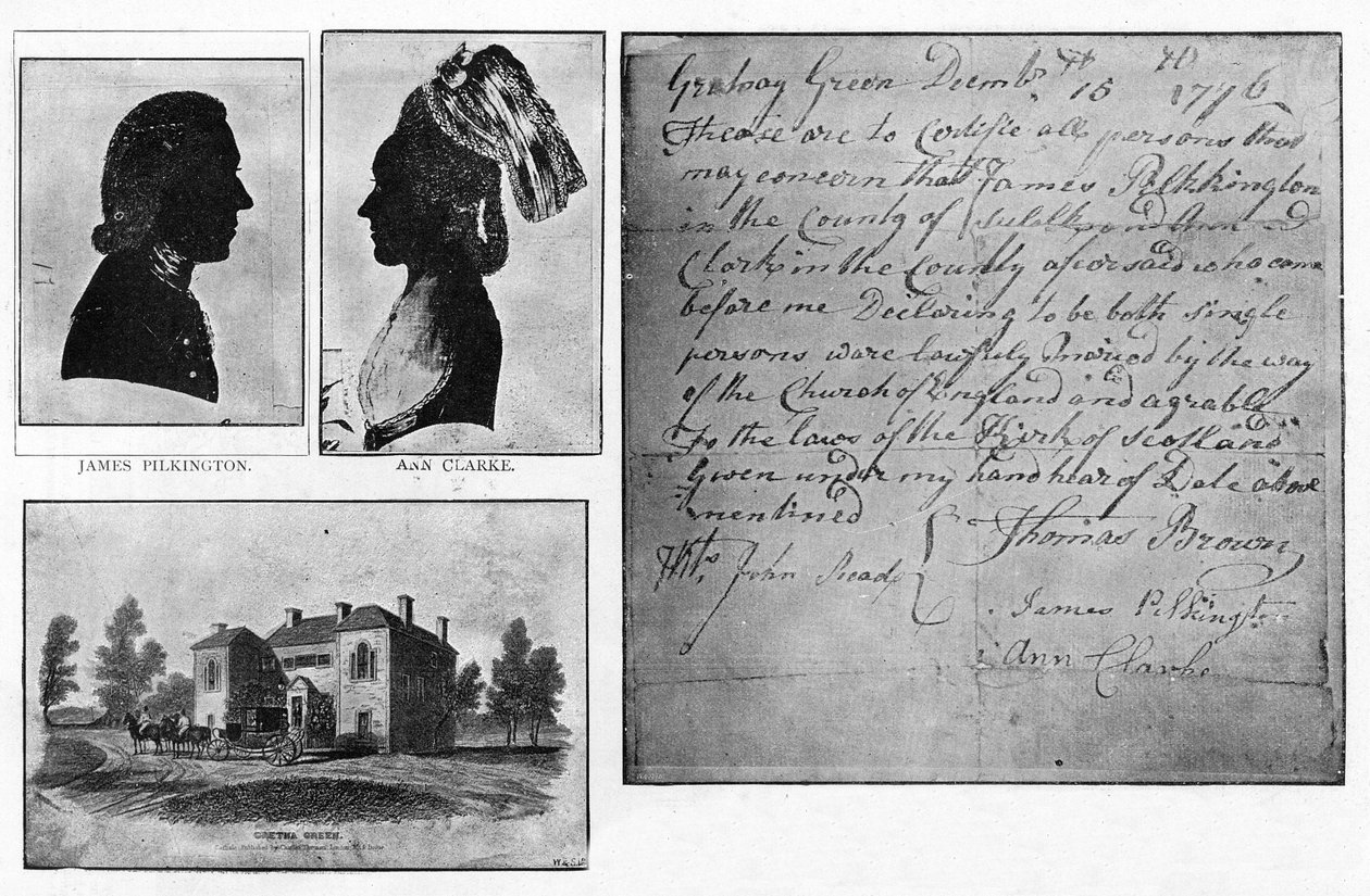 12 月 16 日结婚的 Gretna Green 结婚证书的传真件，上面有这对夫妇的肖像，James Pilkington 和 Ann Clarke 作者 不明