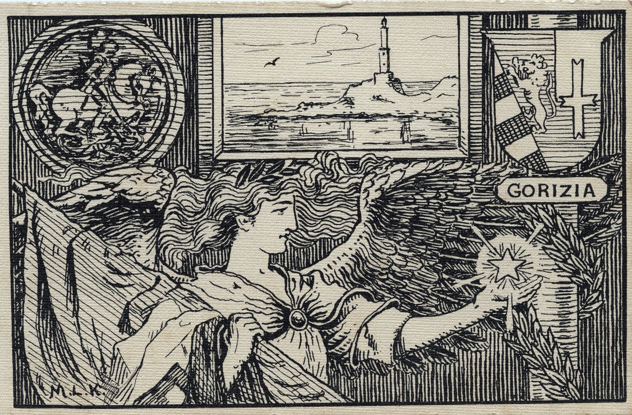 第一次世界大战（1914-1918 年）：戈里齐亚加入意大利的意大利爱国明信片 作者 未知艺术家
