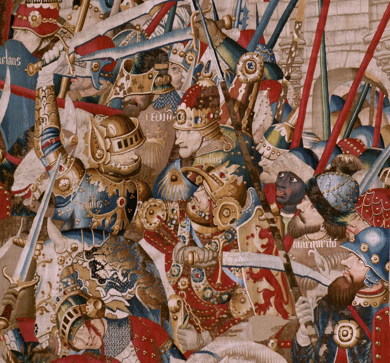 弗拉芒挂毯。系列《特洛伊战争》。阿基里斯的帐篷（La Tienda de Aquiles）。该系列中的第六幅挂毯。模型为Coëtivy大师（亨利或Conrard de Vulcop）。制造：图尔奈作坊。约1470年。织物 羊毛和丝绸，每厘米6/7根经线。尺寸 467 x 690 作者 不明