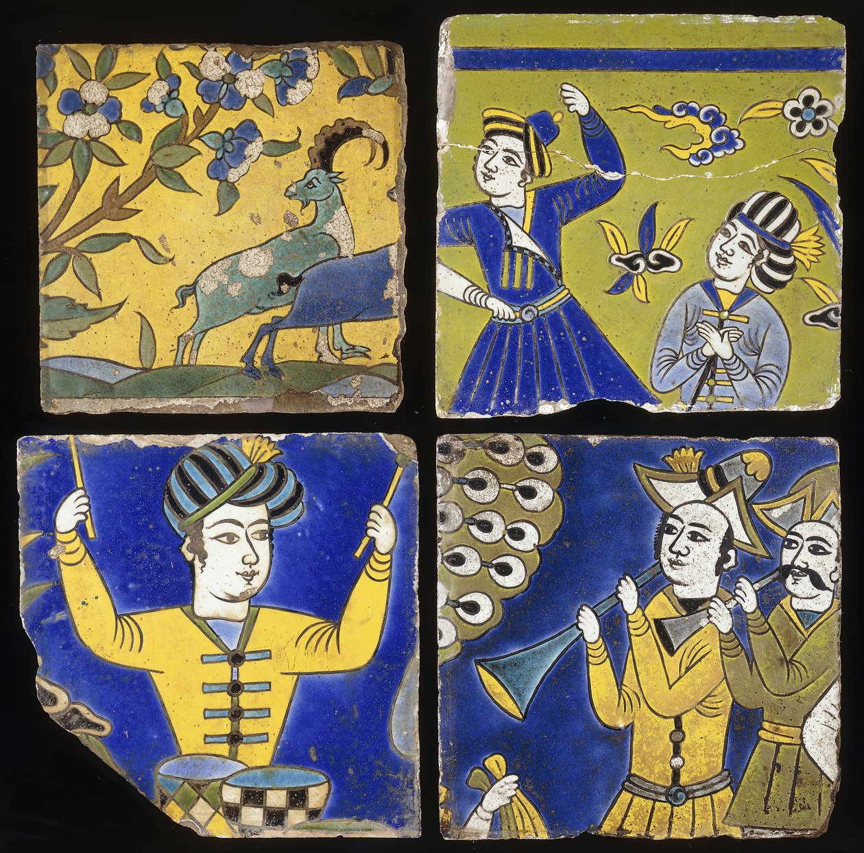 四个Saffavid cuerda seca瓷砖，描绘了两个高地山羊，以及音乐家和舞者的身影，c。 1600 作者 不明