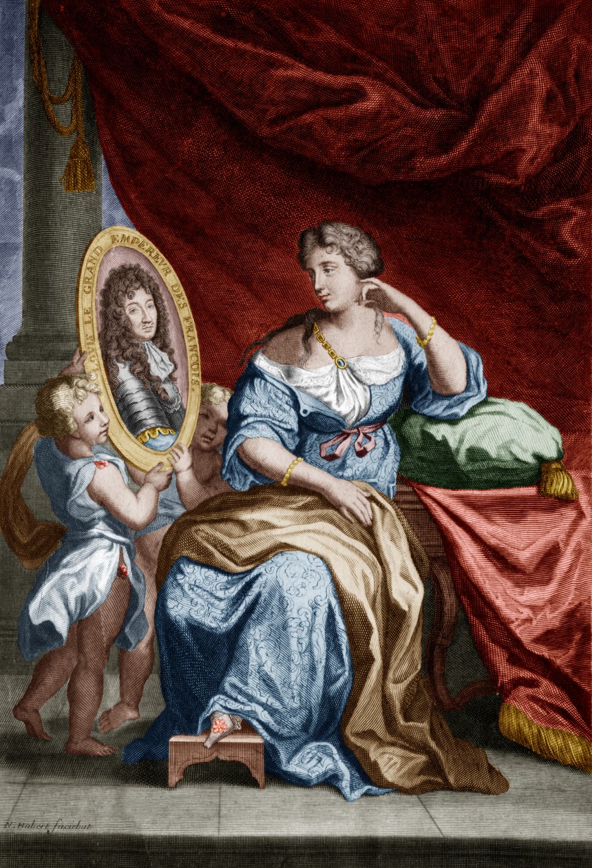 Francoise de Rochechouart de Mortemart，孟德斯潘侯爵夫人（1641-1707 年），据说是法国国王路易十四的情妇雅典娜，彩色文件雕版印刷 作者 未知艺术家