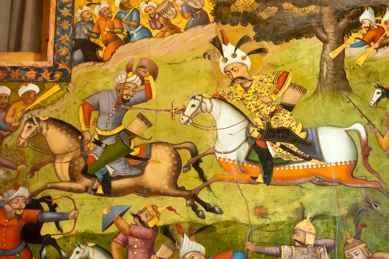 壁画；伊斯梅尔国王在Taher Abad战役中骑着白马；1510年；在梅尔夫对抗乌兹别克人；Chehel Sotoun；四十柱宫；伊斯法罕；伊朗；亚洲 作者 不明