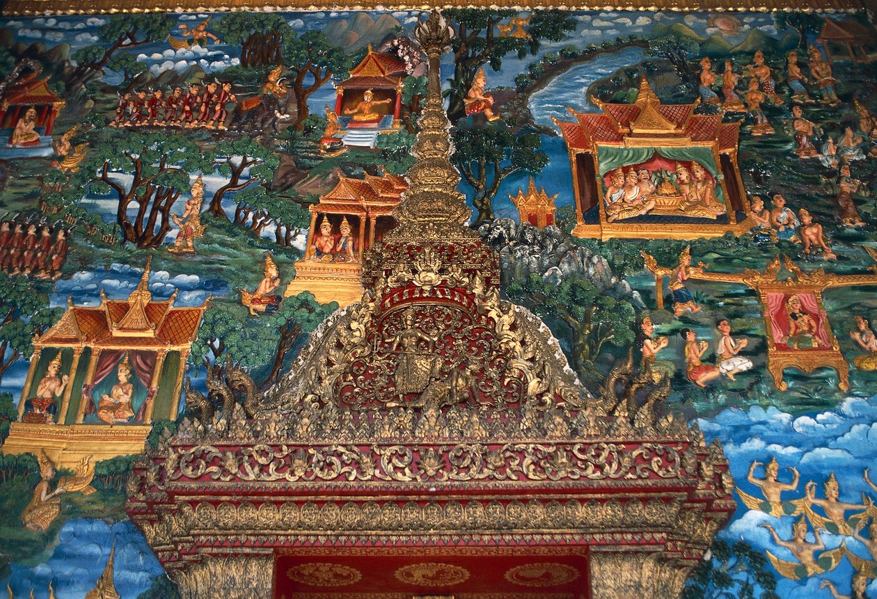 壁画和建筑细节，Wat That，20世纪重建的伟大神圣的佛塔，琅勃拉邦（联合国教科文组织世界遗产名录 作者 未知艺术家