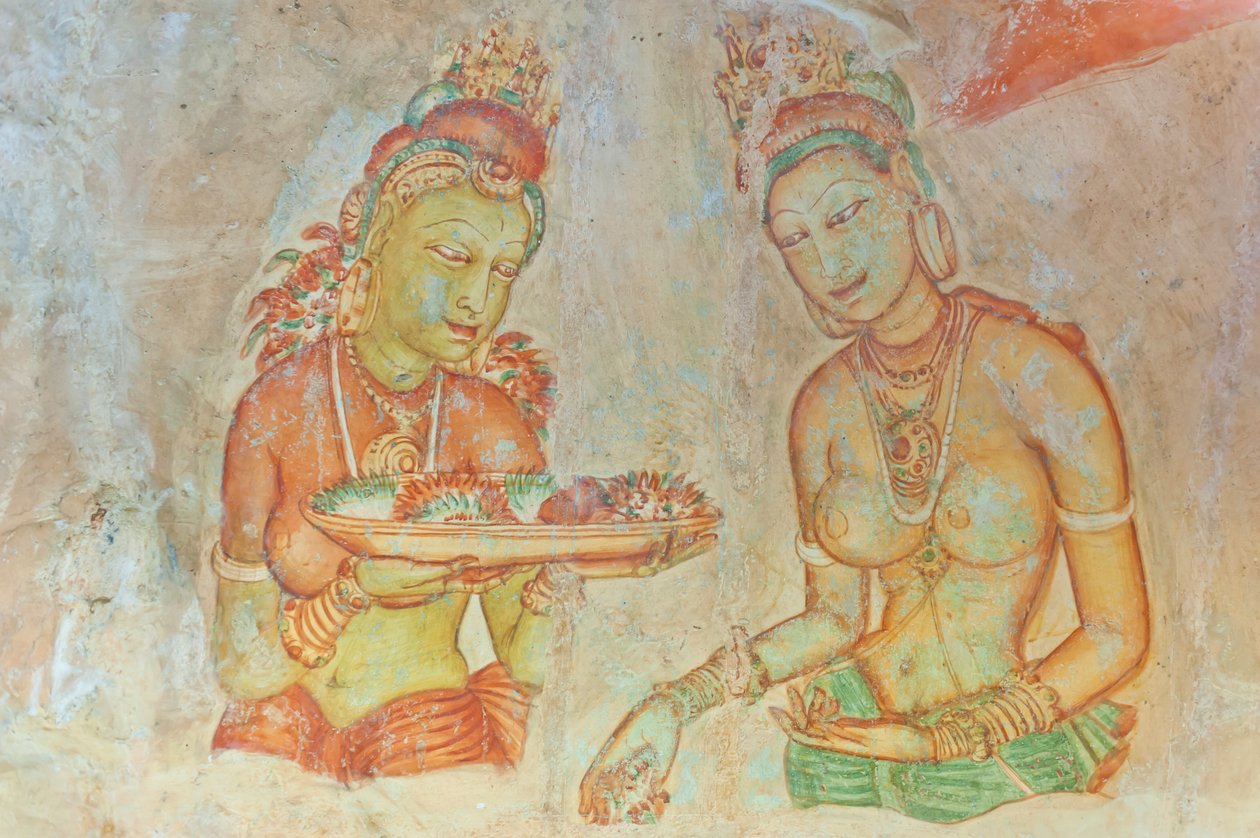 壁画; 裸胸戴花的女人； 飞天; 联合国教科文组织世界遗产; 锡吉里亚； 斯里兰卡; 亚洲 作者 不明