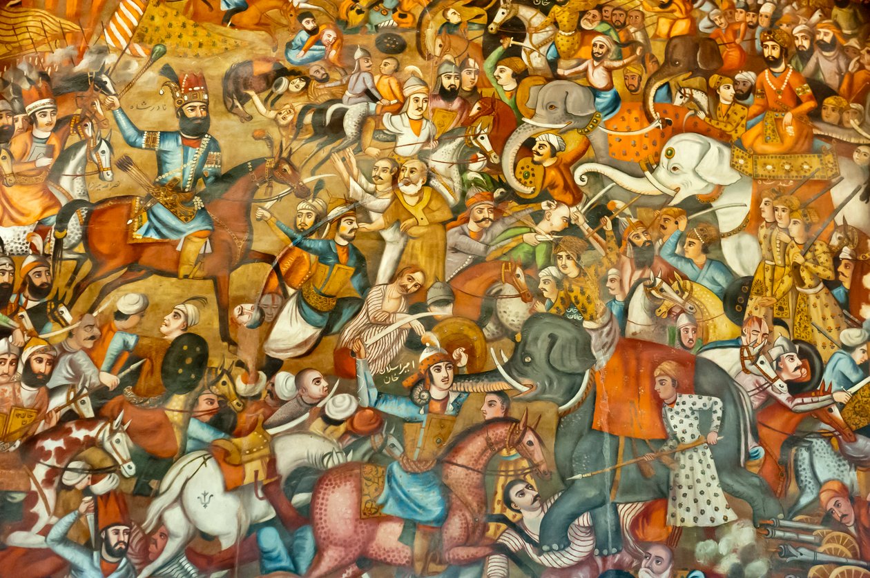 壁画；战斗；纳迪尔-沙阿在卡尔纳尔战役中的战斗；1739年；骑着马；对抗骑着白象的苏丹穆罕默德-沙阿-古尔卡尼；谢尔-索顿；四十柱宫；伊斯法罕；伊朗；亚洲 作者 不明