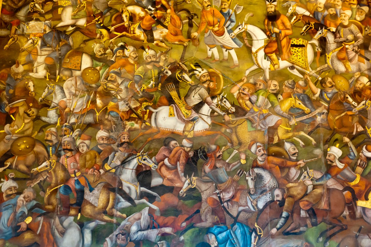 壁画；Chaldiran或Chaldiran对奥斯曼苏丹塞利姆一世的战斗；1514年；Chehel Sotoun；四十柱宫；伊斯法罕；伊朗；亚洲 作者 不明