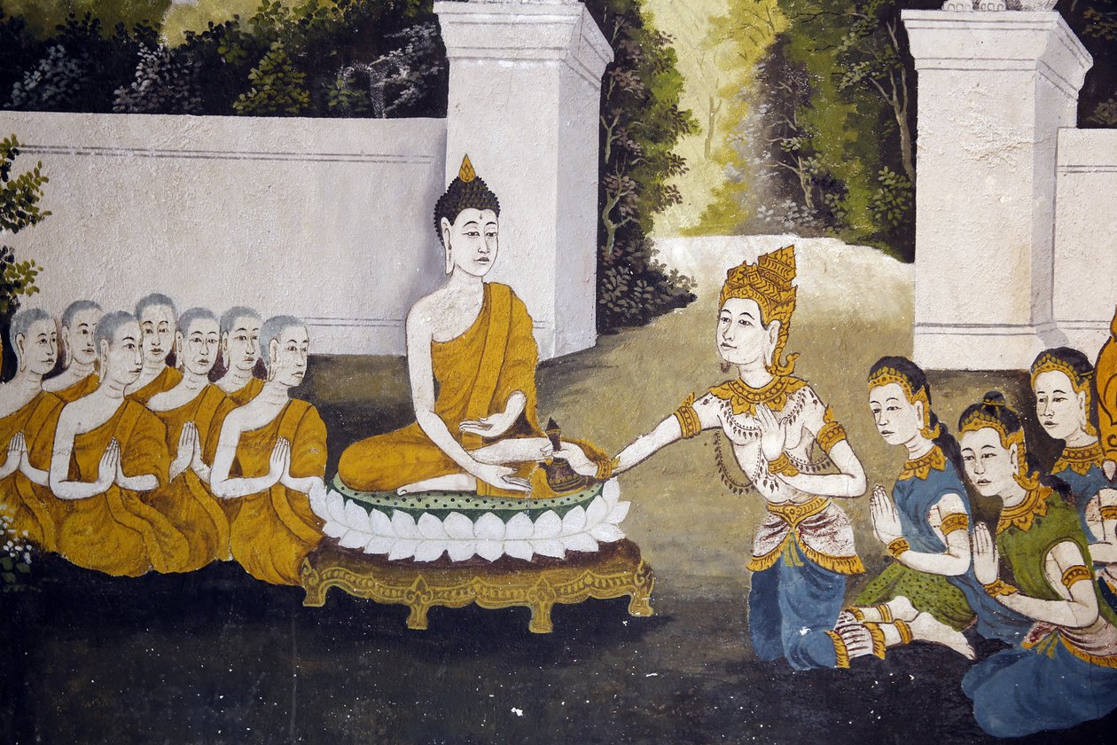清迈Wat Phra Doi Suthep的壁画，描绘了佛祖的生活场景。佛祖接受施舍。泰国 作者 不明