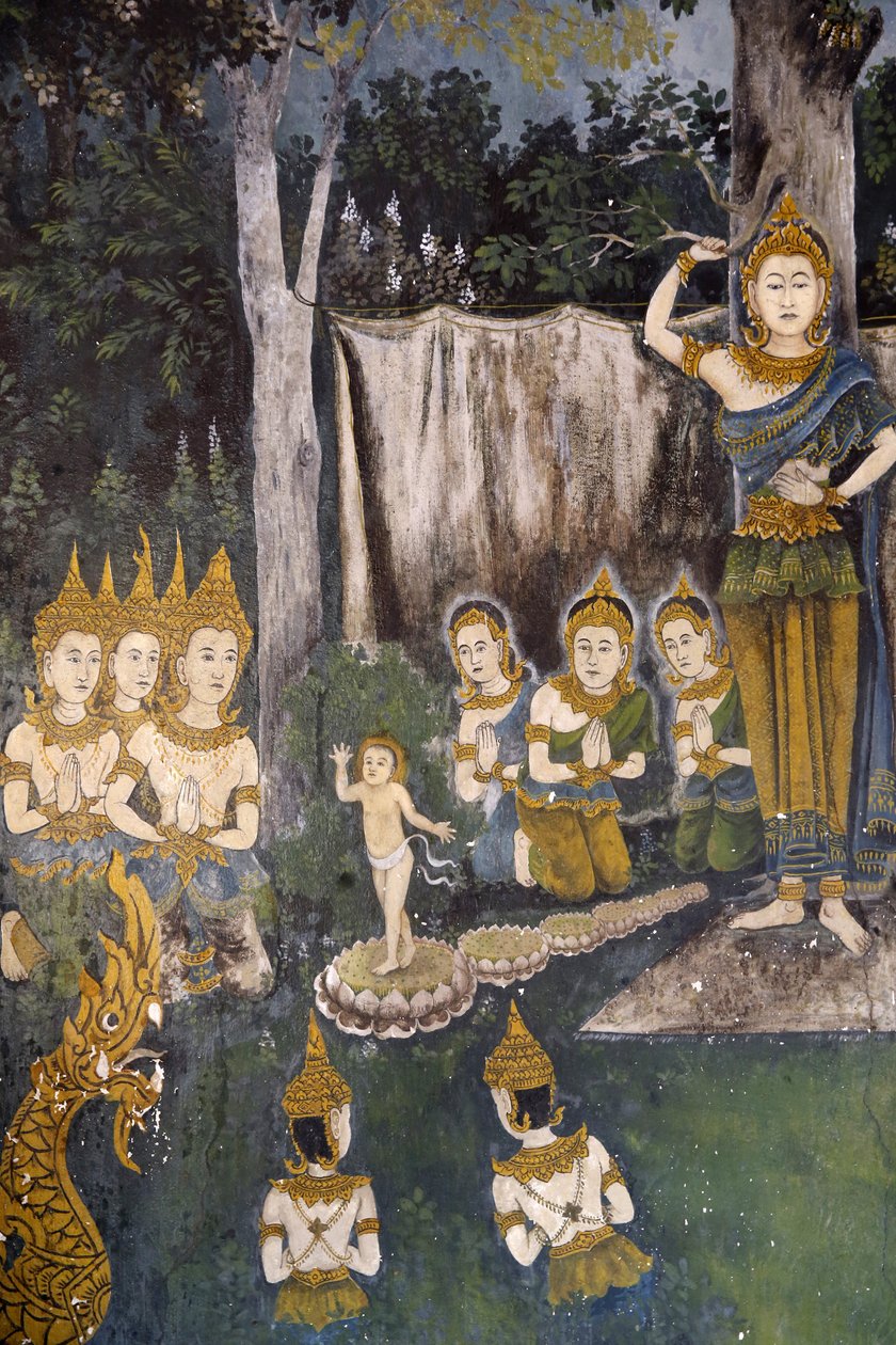 清迈Wat Phra Doi Suthep的壁画，描绘的是佛祖的生活场景。泰国。小时候的佛祖。 作者 不明