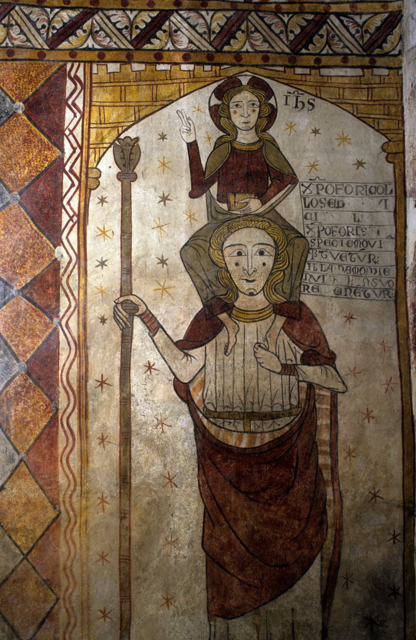 13 世纪 Pernes-les-Fontaines (Pernes les Fontaines, Vaucluse (84)) 的费朗德塔壁画：圣克里斯托弗承载基督。 作者 不明