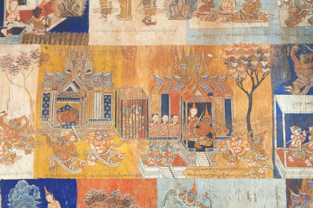 柬埔寨暹粒，博寺墙壁上的壁画，描绘了 Reamker 的场景（照片） 作者 未知艺术家