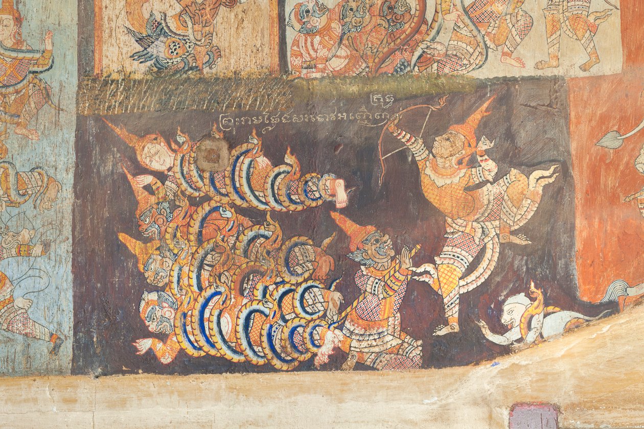 柬埔寨暹粒，瓦博墙上的壁画，描绘了 Reamker 的场景（照片） 作者 未知艺术家