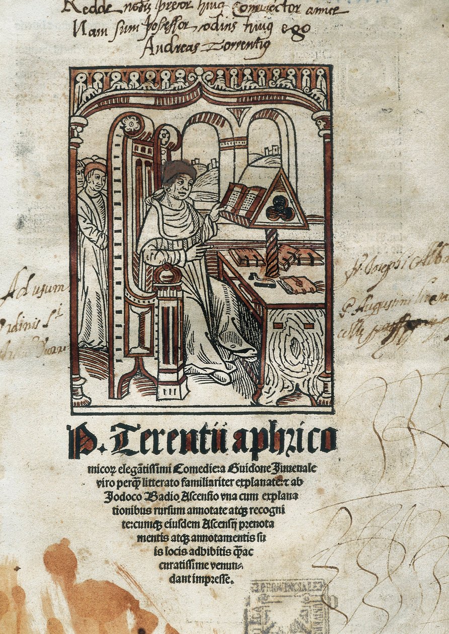 喜剧诗人特伦斯（Publius Terentius Aferer）（公元前190-145年）的喜剧作品的正面插图。作者是代表。 作者 不明