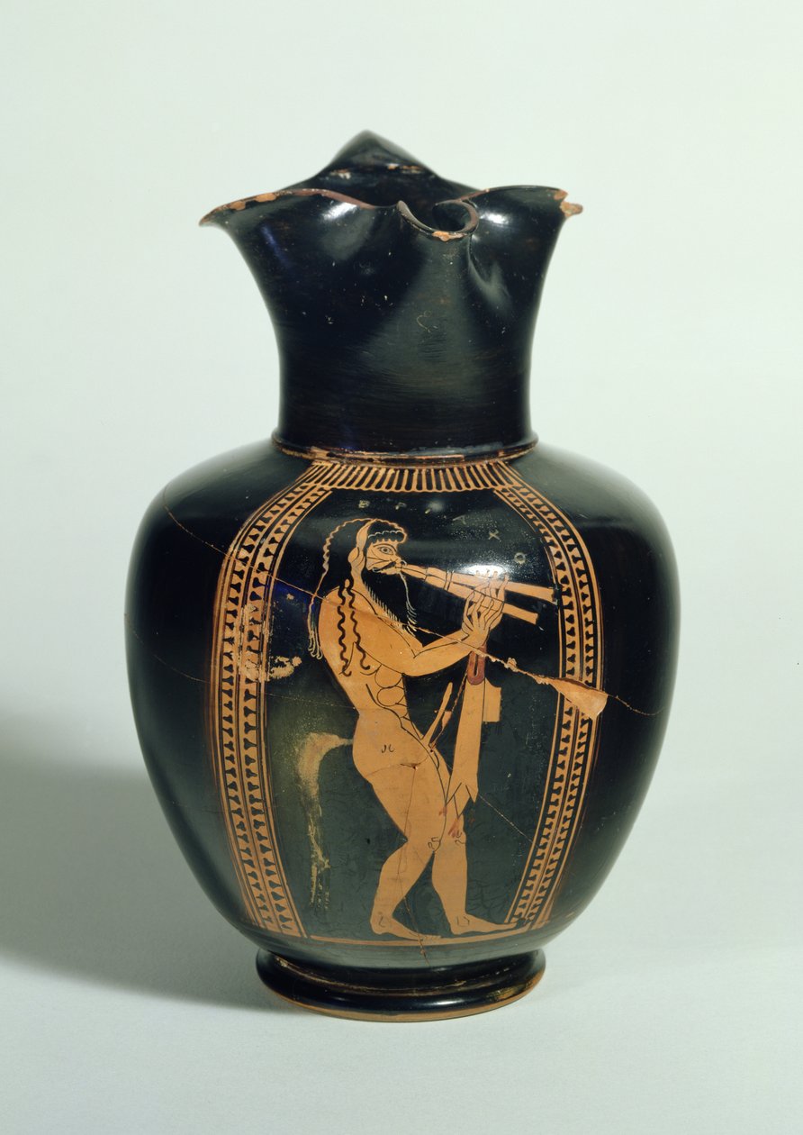 GR.126-1864 Oinochoe，饰有演奏双笛的 Satyr，阁楼红色人物，雅典，希腊，公元前 520 年（粘土） 作者 不明