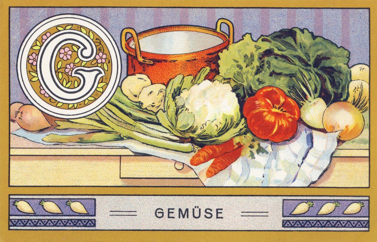 G：Gemuse--字母Palmin。H. Schlinck & Cie, Hamburg, n.d.出版的彩色石版画系列。Palmin feinstes Cocosfett的广告。尺寸：7 x 11 cm 作者 未知艺术家