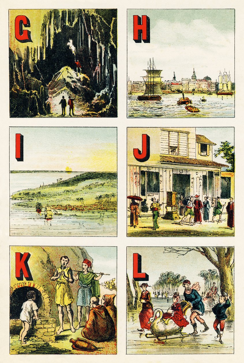 G H I J K L : 洞穴，汉堡，岛屿，日本，卡比里，湖泊 - 雕刻取自Alphabet geographique。Guerin-Muller et Cie, editeurs, Paris 作者 不明