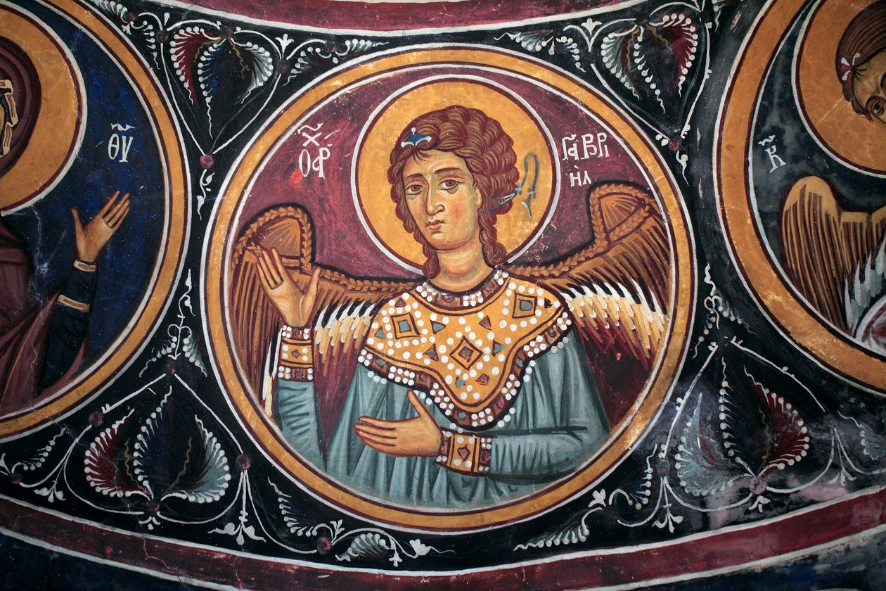 Gabriel Archangel Medallion around Christ and the Last Judgement Detail of the Byzantine fresco from the Narthex vault of the church of Asinou Last judgement scene 14th century (1332) UNESCO, world cultural heritage site Troodos region, Cyprus 作者 不明