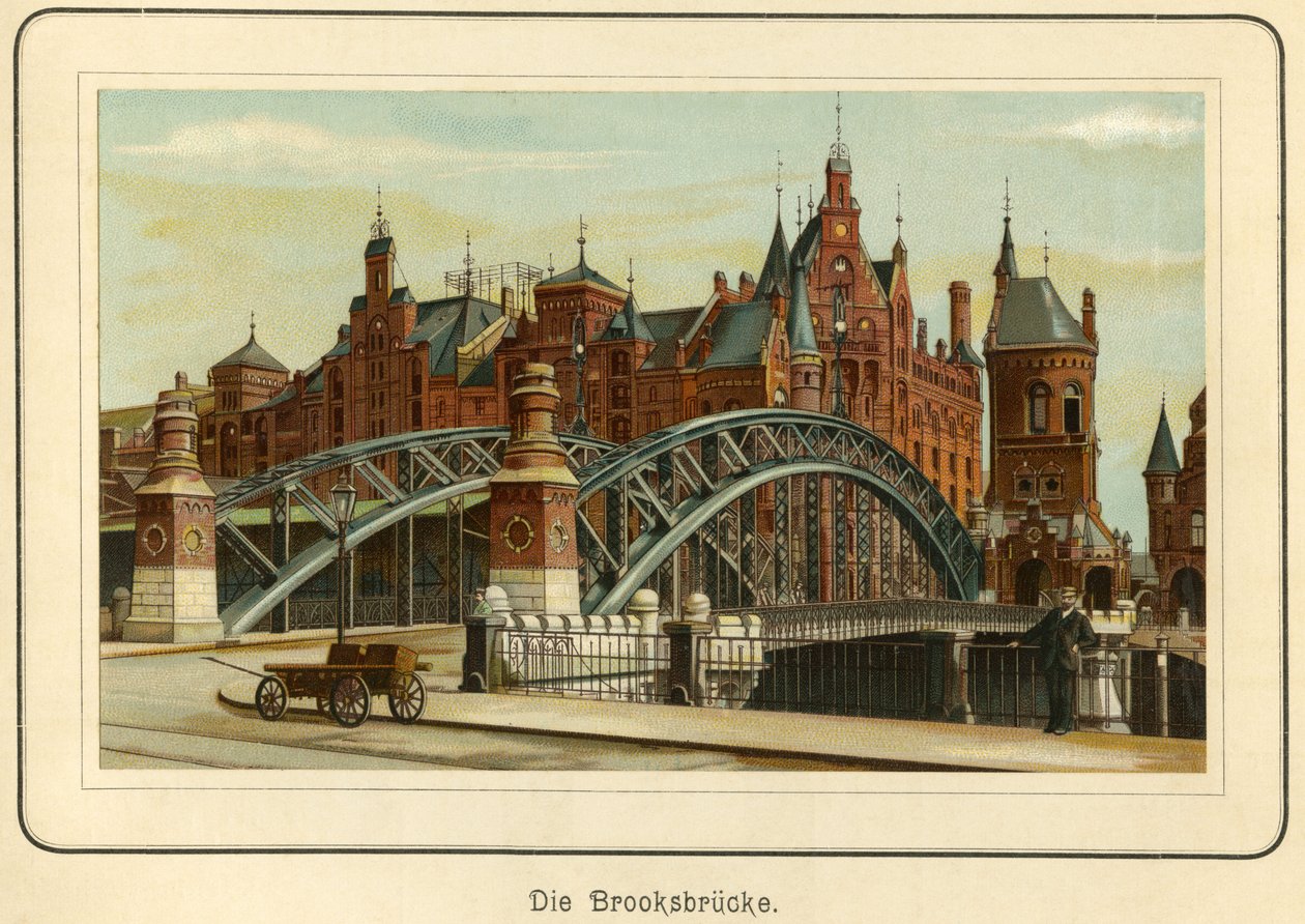 德国汉堡，"Brooksbruecke"（布鲁克斯桥），背景是被称为 "Speicherstadt "的港口仓库，约 1890 年（石版画） 作者 未知艺术家