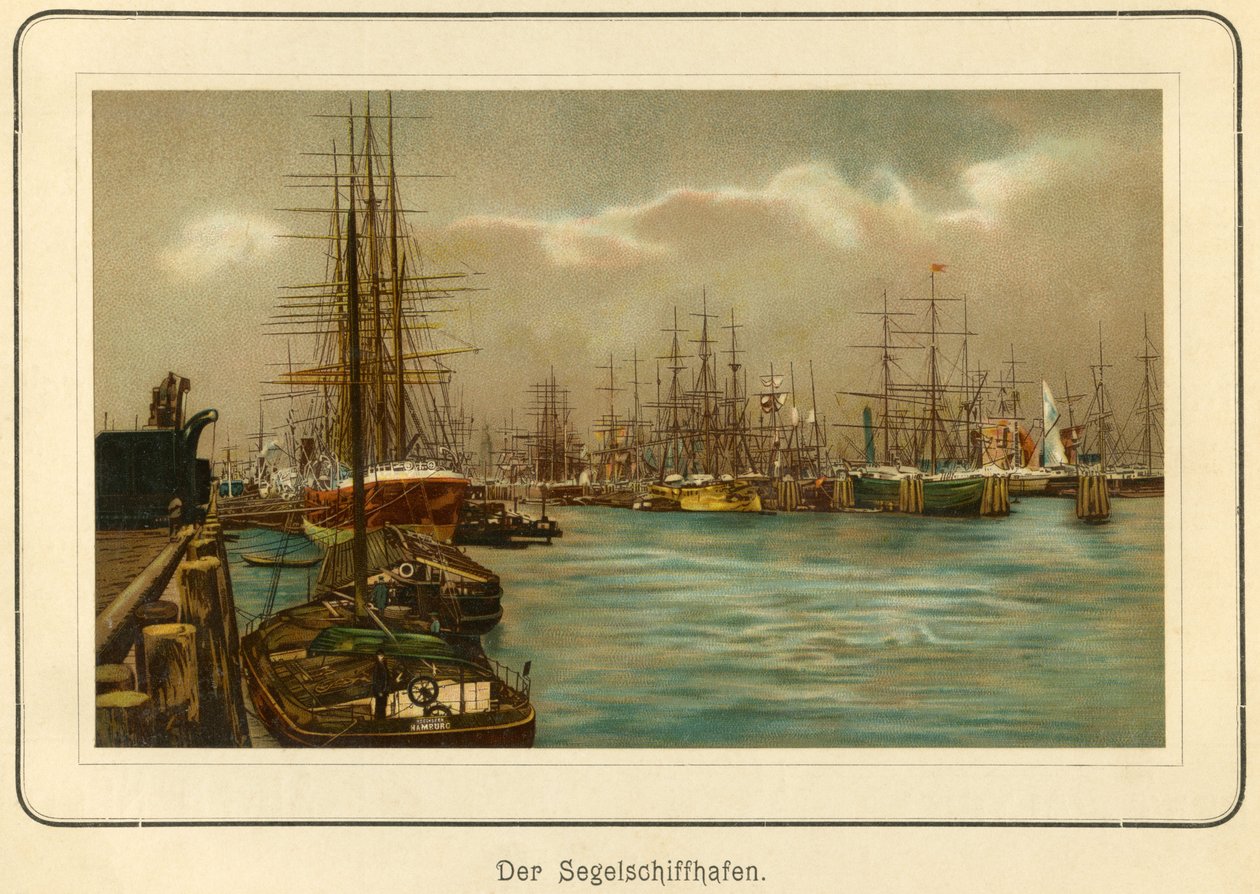 德国，汉堡，帆船港口，石版画，选自 ："Ansichten-Album Hamburg"（汉堡风景），C. Schneider 出版，柏林 NW.，约 1890 年（石版画） 作者 未知艺术家