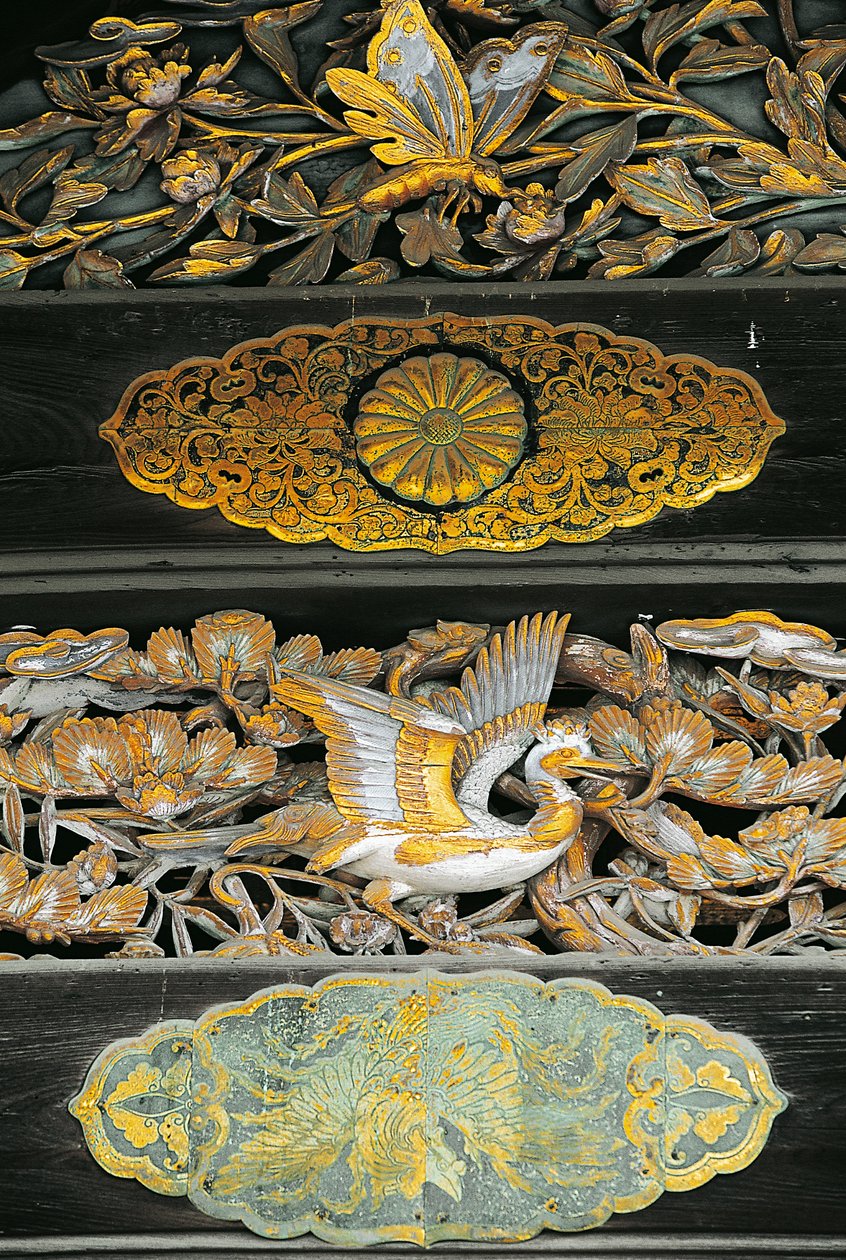 京都二条城堡二之丸宫的细节，镀金鸟和蝴蝶 作者 未知艺术家