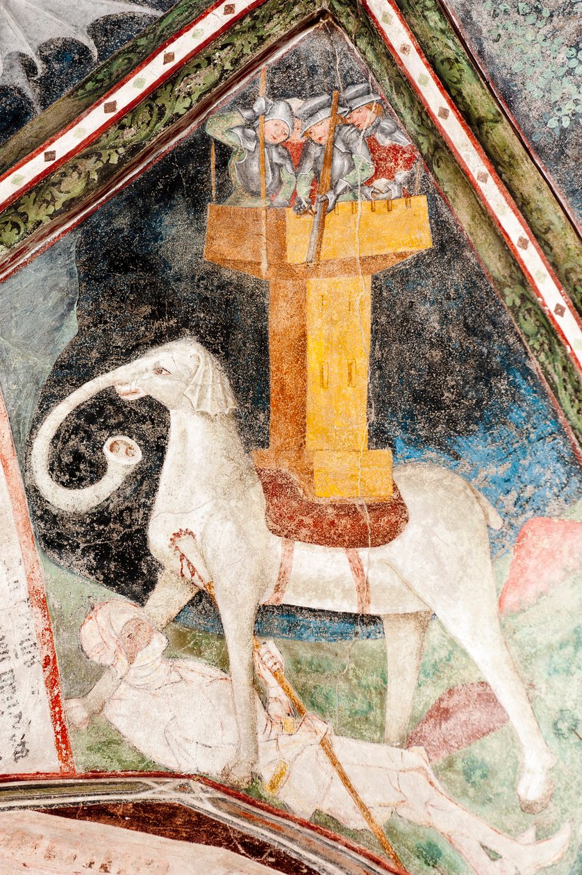 哥特式壁画； Eleazar Awaran 杀死了战象 Soliman 并将其压碎； 3. 回廊； 大教堂; 布里克森; 南蒂罗尔； 意大利; 欧洲 作者 不明
