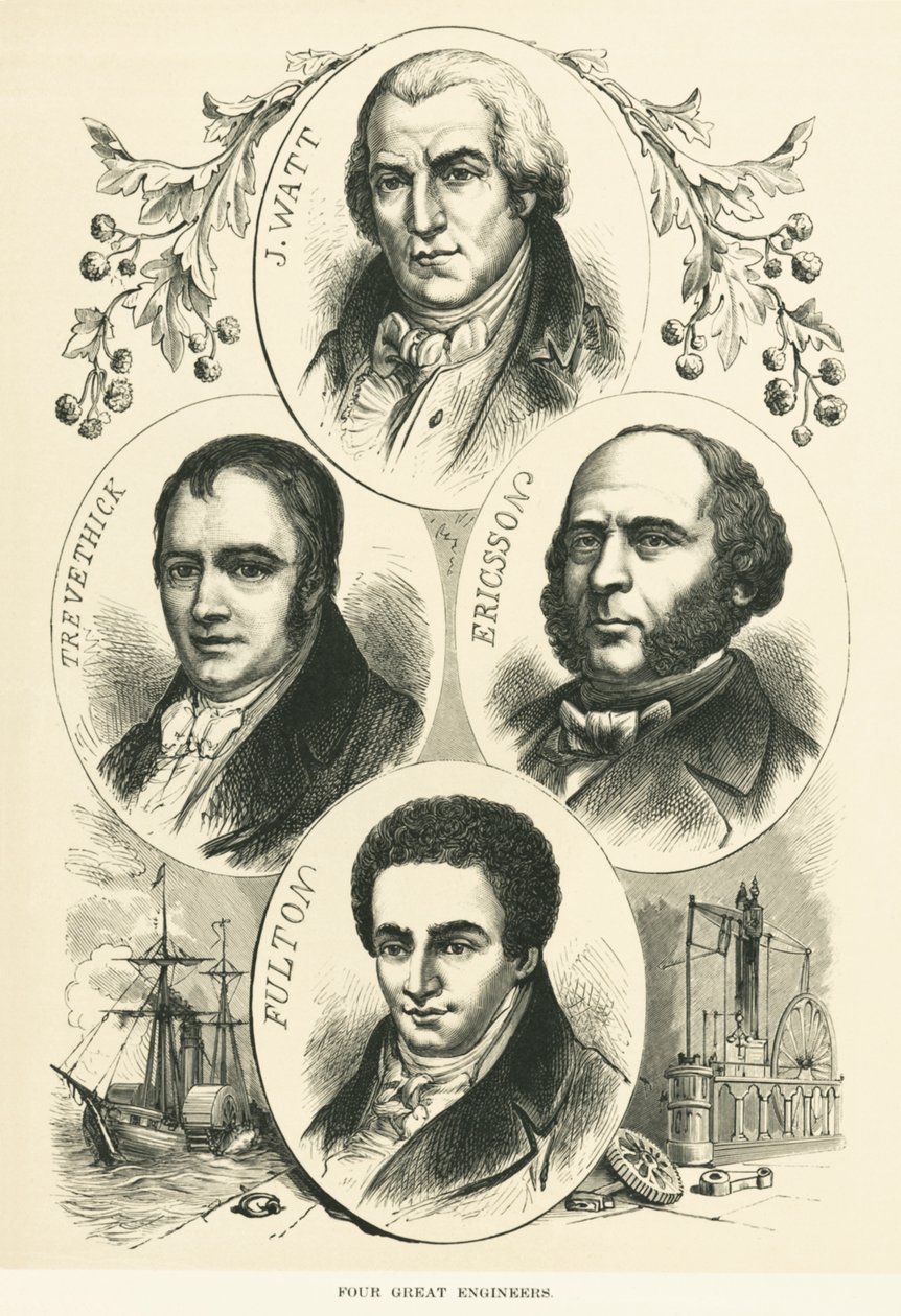 Great Engineers And Inventors: James Watt, John Ericsson, Robert Fulton, Richard Trevithick, , c.1880 (b/w photo) 作者 不明