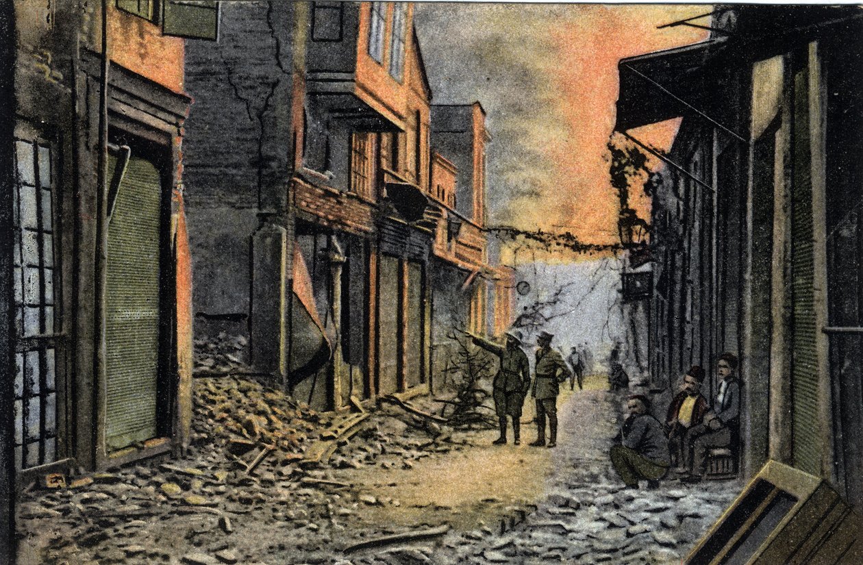 希腊，萨洛尼卡（或塞萨洛尼卡）：可能是在1917年的大火之后，Tunsky街部分被毁的景色 - 明信片 1914-1918年 作者 未知艺术家