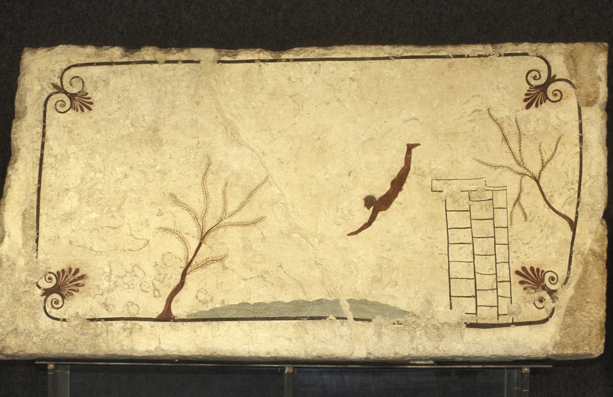 希腊艺术潜水者之墓壁画，意大利坎帕尼亚大区帕斯图姆。Tomba del Tuffatore，壁画，帕斯图姆考古公园，坎帕尼亚，意大利 作者 未知艺术家