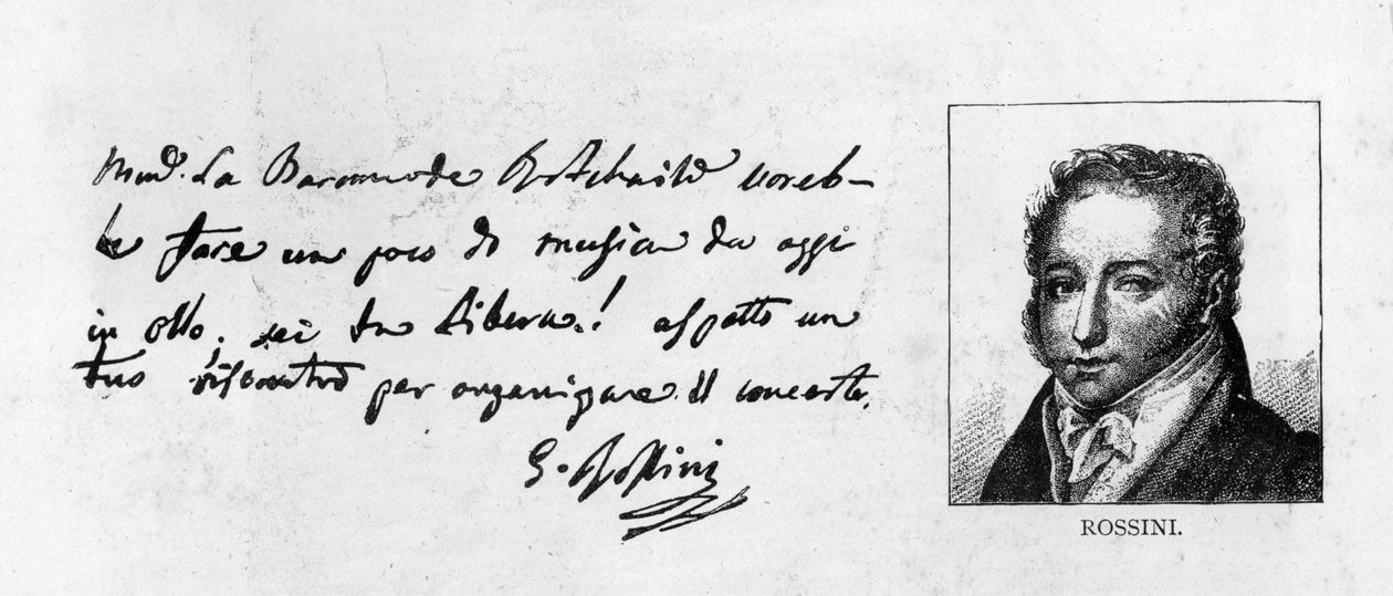 Handwriting and signature of Rossini from a letter arranging a concert for Baronne de Rothschild (pen & ink on paper) 作者 不明