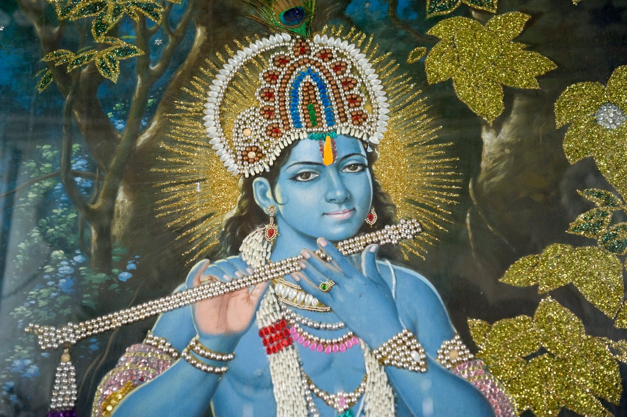 印度教； 克里希纳勋爵的长笛画； Durgiana Mandir 毗湿奴神庙； 阿姆利则； 旁遮普； 印度; 南亚; 亚洲 作者 不明