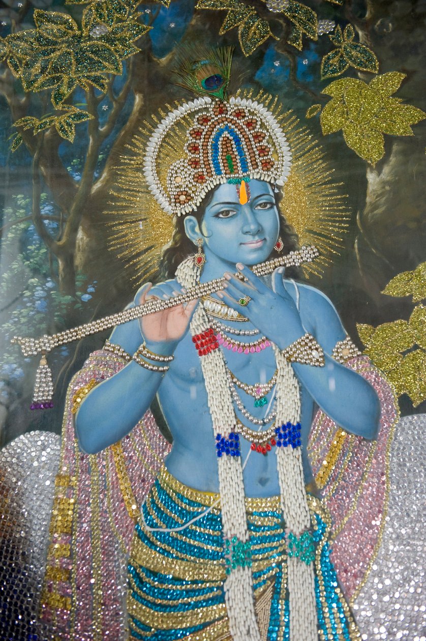 印度教； 克里希纳勋爵的长笛画； Durgiana Mandir 毗湿奴神庙； 阿姆利则； 旁遮普； 印度; 南亚; 亚洲 作者 不明