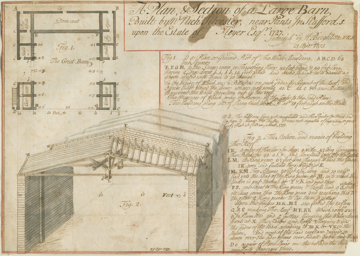 提示-Floyer Estate的谷仓：钢笔画，1733年4月25日 作者 不明