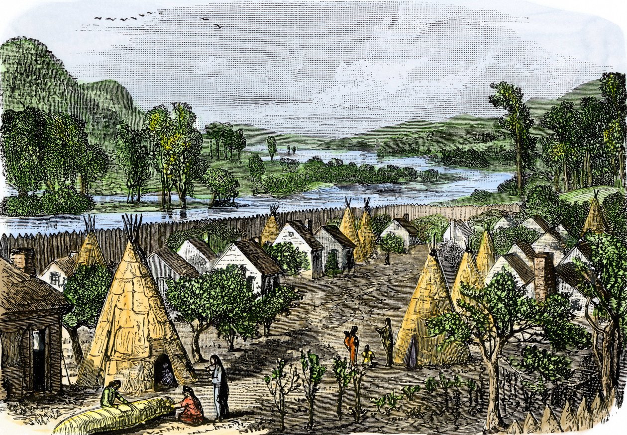 原住民的历史：纽约莫霍克村，约 1780 年。19 世纪的彩色版画。 作者 未知艺术家