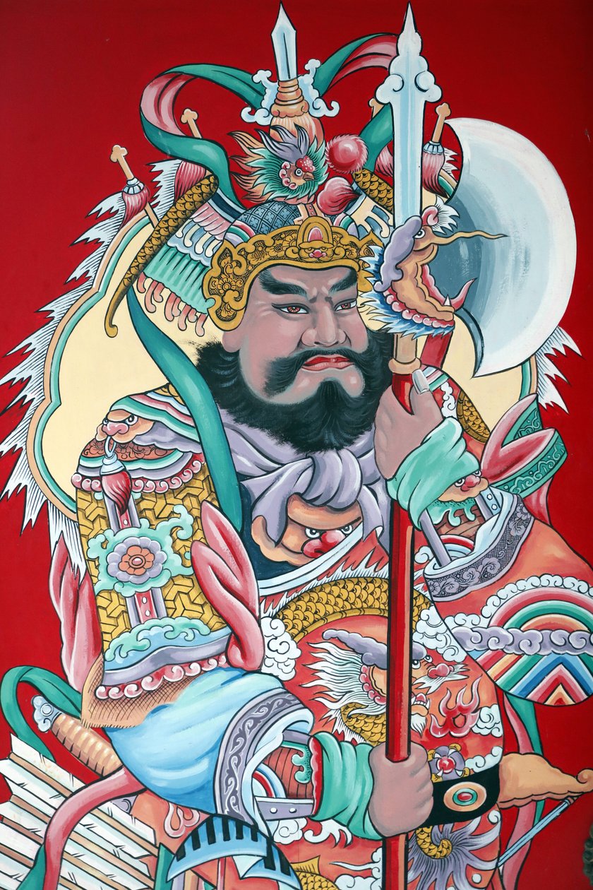 Hoi Tuong Te Nguoi Hoa佛教中国寺庙。门上的护法画。Phu Quoc.越南。 作者 不明