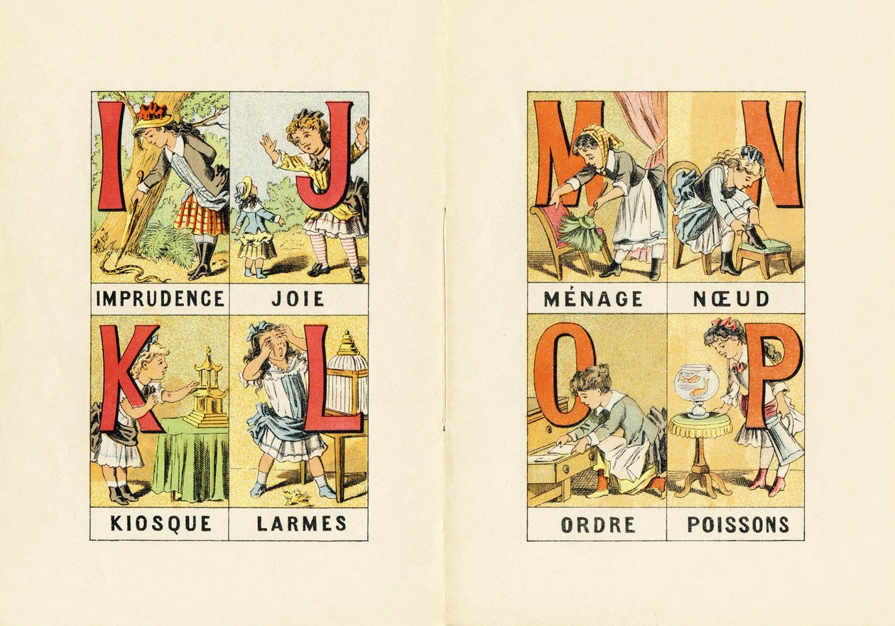 我：鲁莽； J：喜悦； K：售货亭； L：眼泪； M N O P：家庭、结、订单、鱼 - ABCD des petits filles 雕刻。 Pellerin & Cie，印刷出版商，Epinal，约 1890 年。意甲。尺寸：19 x 13.5 厘米。 作者 不明
