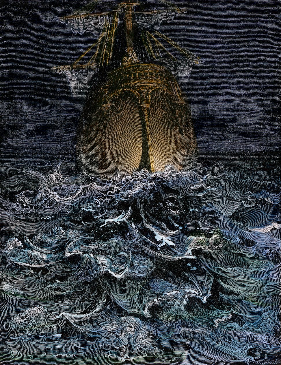 我注视着分解中的大海，夜晚海上的船体--古斯塔夫-多尔（1832-1883 年）为塞缪尔-泰勒-柯勒律治（1772-1834 年）的《老水手的故事》绘制的插图--彩色版画 作者 未知艺术家