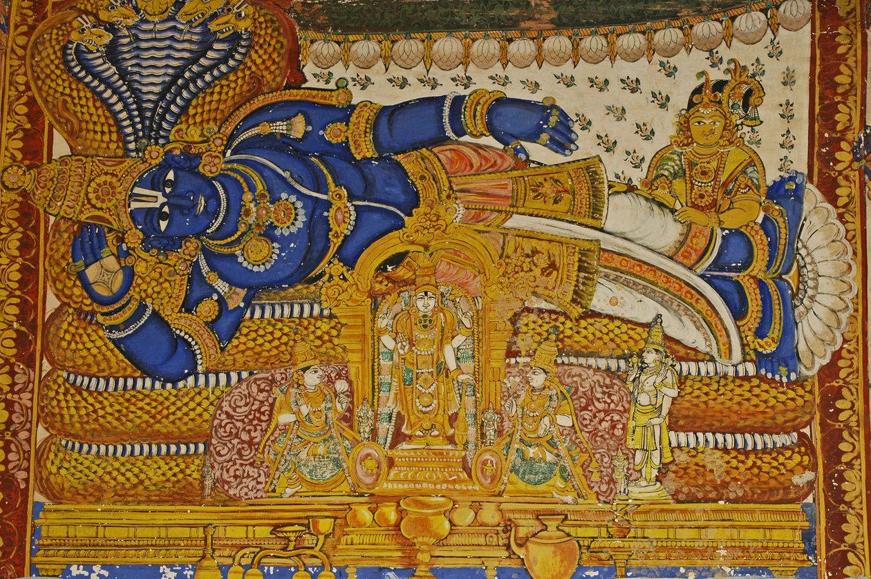 印度，泰米尔纳德邦，Srirangam，Sri Ranganathasvami 印度教寺庙（原 10 世纪），毗湿奴壁画。 作者 不明