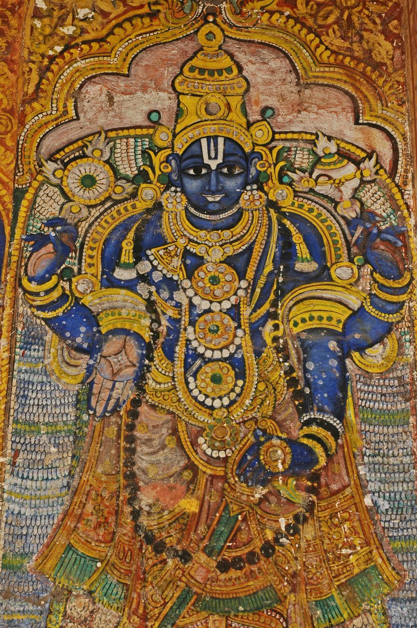 印度，泰米尔纳德邦，Srirangam，Sri Ranganathasvami 印度教寺庙（原 10 世纪），毗湿奴壁画。 作者 不明