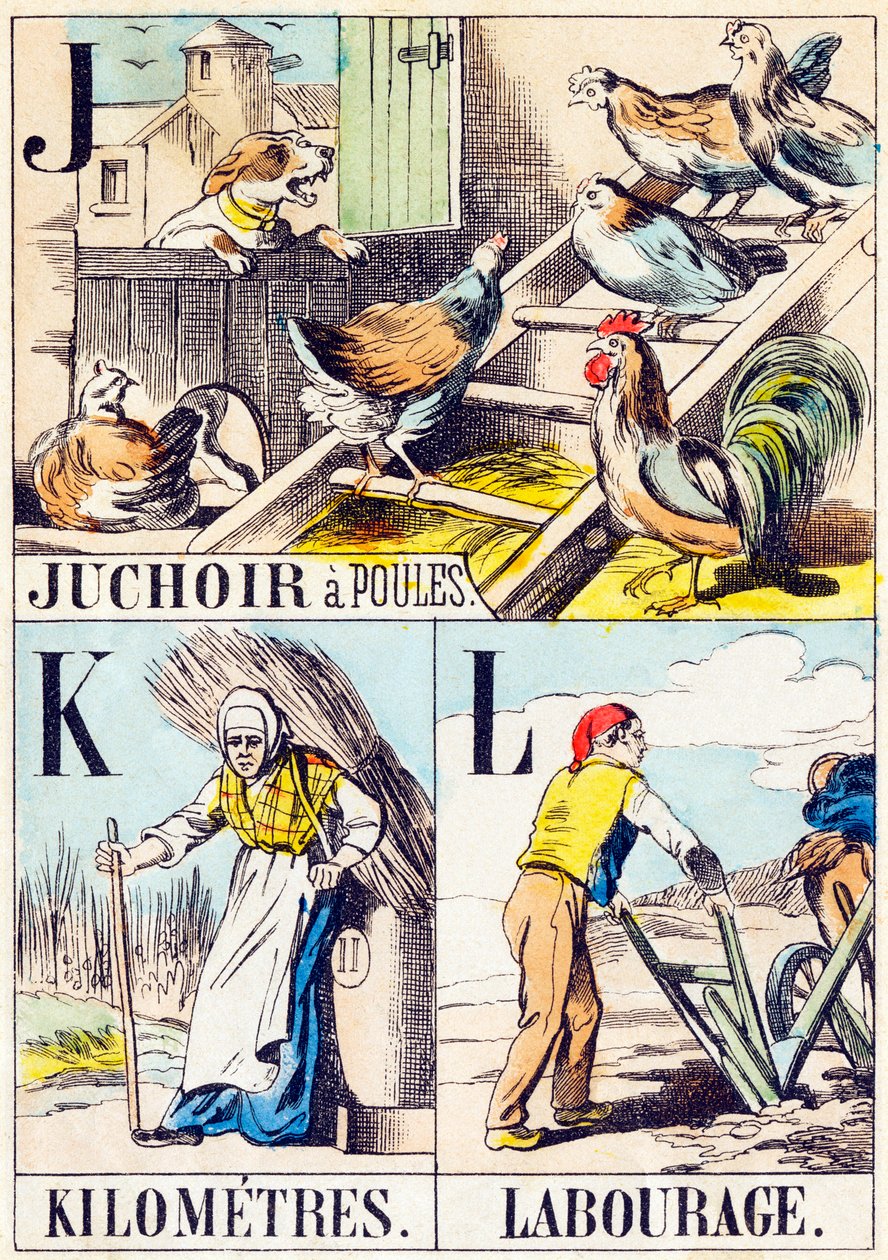 J K L : Juchoir a poules, Kilometres, Labourage - "农场的字母表" 19世纪末（雕刻）。 作者 不明
