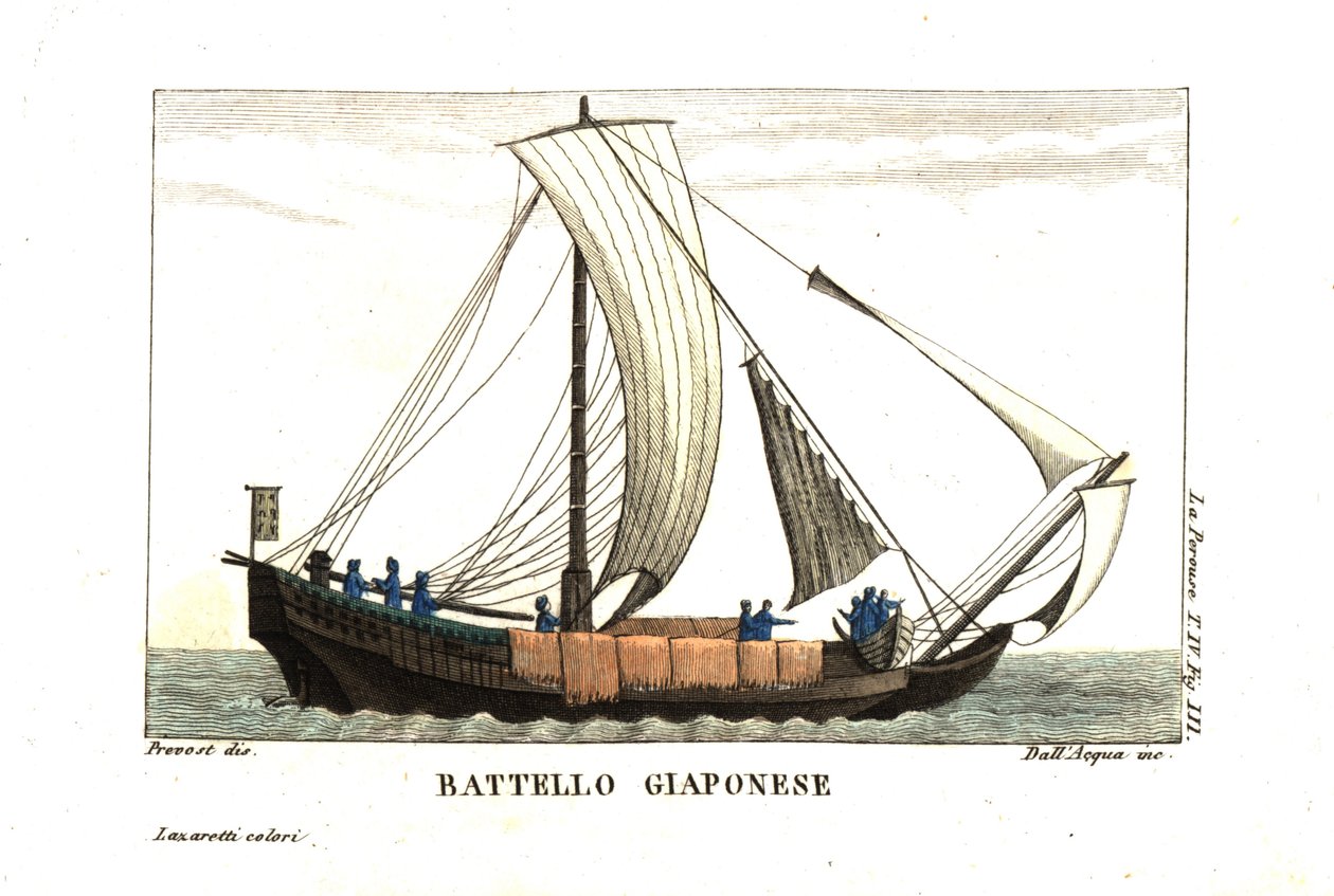 日本帆船。插图：Jean Louis Prevost 选自 Jean François de Galaup，La Perouse 伯爵（1741-1788 年）的日志。dell
